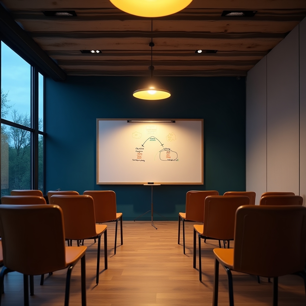 Vorbereiteter Seminarraum am Abend mit Stühlen im Halbkreis und Flipchart
