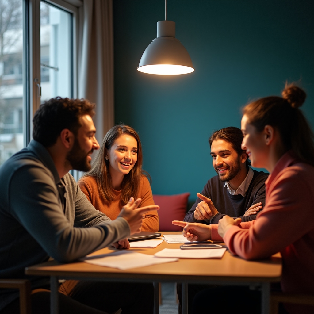 Kleine Gruppe von Berufseinsteigern diskutiert an einem Tisch mit Arbeitsblättern und Laptop